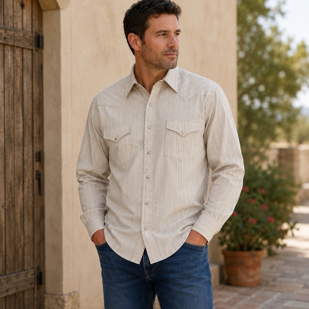Vintage Panhandle Slim Western Pearl Snap Shirt Mens 18-35 XXL Tall Ivory Stripe